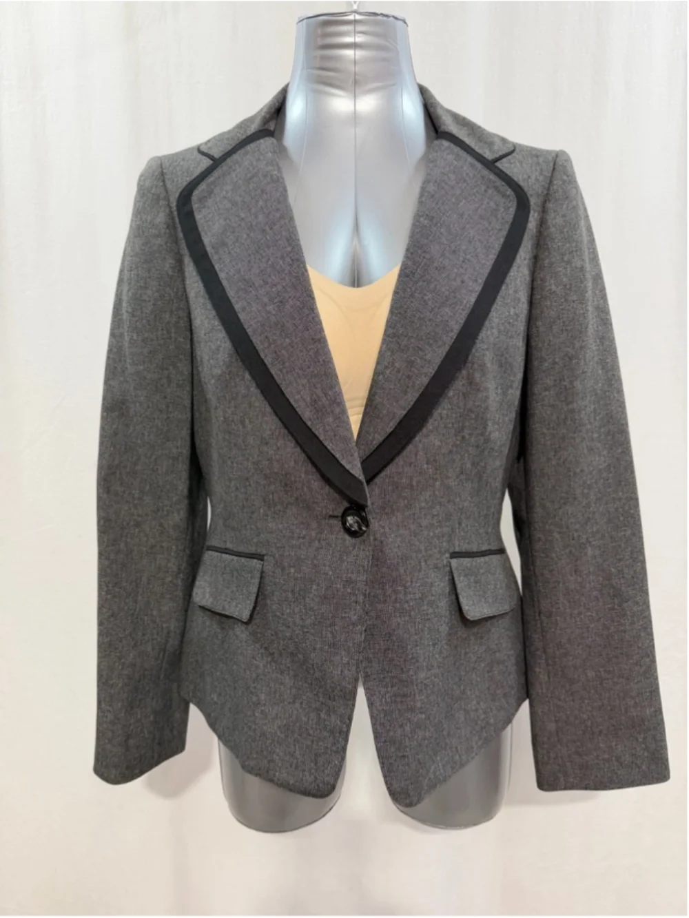 Kasper Gray Single Button Blazer Jacket Black Contrast Trim Accent Career
